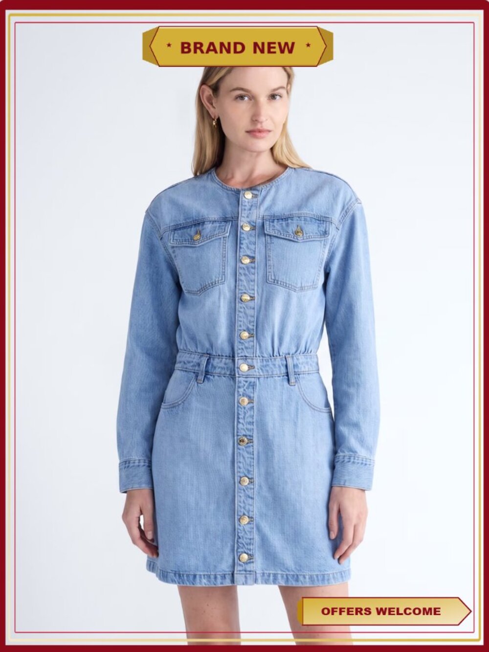 Mini Button Front Denim Dress Stretch Casual Everyday